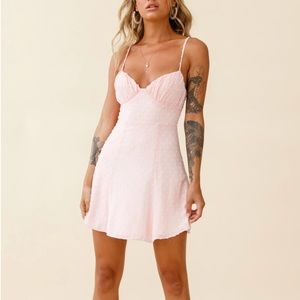 SAINTS + SECRETS PINK RUCHED A-LINE DRESS